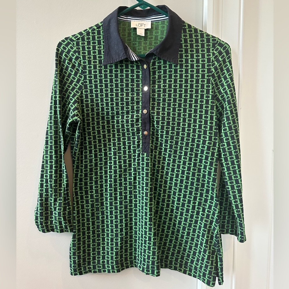 Ann Taylor Loft Cotton Spandex Blouse - Navy & Green - Size Small